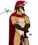 abs anthro armor balls beard biceps biped circumcised circumcision_scar clothing empty_eyes facial_hair flaccid genital_scar genitals headgear helmet horn humanoid_genitalia humanoid_penis looking_at_viewer male mostly_nude muscular muscular_anthro muscular_male nipples pecs penis scar simple_background smile solo weapon bgn mythology valens_(bgn) equid equine mammal mythological_creature mythological_equine unicorn digital_media_(artwork) signature