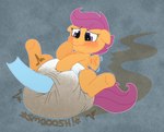 anthro big_diaper blue_hooves blush bodily_fluids brown_text diaper diaper_squish excited feces female fur grey_background hooves onomatopoeia orange_body orange_fur orange_hooves purple_body purple_eyes purple_fur purple_tail simple_background smoosh_(sound_effect) soiled_diaper soiling solo sound_effects stink_fumes stink_lines sweat sweatdrop tail text touching_diaper unclean_diaper used_diaper young tenerius friendship_is_magic hasbro my_little_pony scootaloo_(mlp) equid equine horse mammal pony absurd_res hi_res