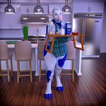 anthro appliance apron blue_body blue_eyes blue_fur chair clothing female food_tray fridge fur furniture glass hair holding_object horn kerchief kitchen kitchen_appliance looking_at_viewer mascot milk milk_carton neckerchief neckwear plant smile solo standing white_body white_fur xrayzebra4 lactaid lactaid_cow bovid bovine cattle holstein_friesian_cattle mammal 1:1 2019 3d_(artwork) digital_media_(artwork) hi_res