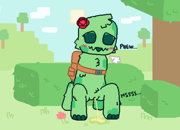 4_legs backpack big_pupils blush blush_lines bodily_fluids breath brown_backpack buckle cheek_tuft chest_tuft cloud crouching detailed_background eyelashes facial_tuft fangs feet female feral flower fluffy genital_fluids genitals grass green_body head_tuft hill looking_down mottled nude open_mouth outside peeing peeing_on_ground peeing_outside plant pubes pupils rose_(flower) short_tail shrub simple_background sky solo standing sun tail teeth three-quarter_view toes transparent_background tree tuft urine urine_drip urine_on_ground urine_pool vulva watersports pixel_vibri microsoft minecraft mojang xbox_game_studios rose_(pixel_vibri) creeper_(minecraft) 2025 aliasing alpha_channel digital_media_(artwork)