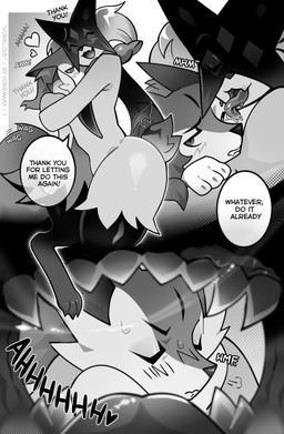 anthro blush bodily_fluids duo eyes_closed face_lick female female/female female_pred hug licking mouth_shot onomatopoeia open_mouth reverse_mouth_shot saliva saliva_string sharp_teeth size_difference sound_effects tail tail_motion tailwag teeth text tongue tongue_out vore willing_prey voremaxx nintendo pokemon braixen felid generation_6_pokemon generation_9_pokemon mammal meowscarada pokemon_(species) greyscale hi_res monochrome