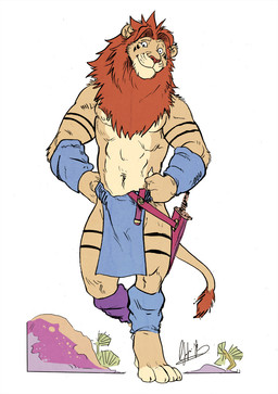 abs anthro athletic barefoot biceps biped bottomwear brown_body brown_fur brown_hair clothed clothing dagger feet front_view fur hair loincloth looking_at_viewer male mane melee_weapon muscular muscular_anthro nipples pecs pose red_nose smile solo standing tan_body tan_fur topless walking weapon negy shin_(negy) felid lion mammal pantherine 2013 hi_res