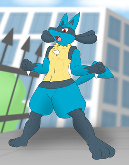 anthro athletic athletic_anthro athletic_male blue_body blue_fur city dreadlocks fangs fur grey_body grey_fur grey_skin male navel outside red_eyes solo spikes spikes_(anatomy) standing tail tan_body tan_fur teeth tuft kamek_sans nintendo pokemon generation_4_pokemon lucario pokemon_(species) hi_res
