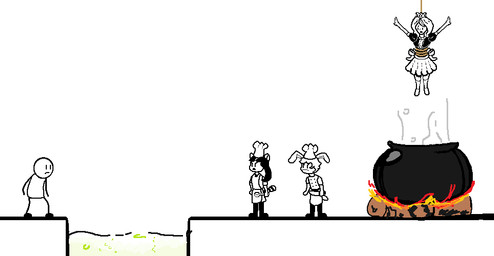 anthro bottomwear chef chef_hat clothing cooking female fire group hat headgear headwear male princess rope royalty simple_background skirt stick_figure toony white_body anonymous_artist 4chan save_the_princess anon human humanoid lagomorph leporid mammal procyonid rabbit raccoon