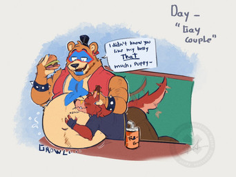 anthro belly big_belly brown_body brown_fur burger clothing duo eating feederism food fur hat headgear headwear male male/male musclegut muscular overweight overweight_male red_body red_fur rumbling_stomach text top_hat leoborkwell five_nights_at_freddy's five_nights_at_freddy's:_security_breach scottgames steel_wool_studios foxy_(fnaf) glamrock_freddy bear canid canine fox mammal english_text