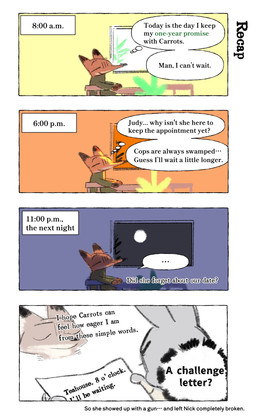 alternate_universe anthro brown_body brown_fur clothed clothing duo female fingers fur grey_body grey_fur long_ears male male/female multicolored_body multicolored_fur orange_body orange_fur text butterfish8199 disney zootopia judy_hopps nick_wilde canid canine european_rabbit fox lagomorph leporid mammal oryctolagus rabbit red_fox true_fox 4koma comic english_text hi_res