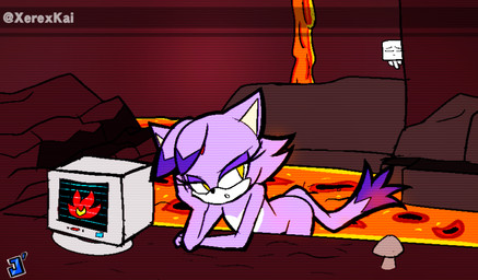 anthro countershade_torso countershading dipstick_tail electronics eyelashes featureless_chest female flat_chested hair_down hand_on_cheek lava lava_bath markings monitor nether nude purple_body solo tail tail_markings yellow_eyes xerexkai microsoft minecraft mojang sega sonic_the_hedgehog_(series) xbox_game_studios blaze_the_cat domestic_cat felid feline felis ghast_(minecraft) mammal 2025