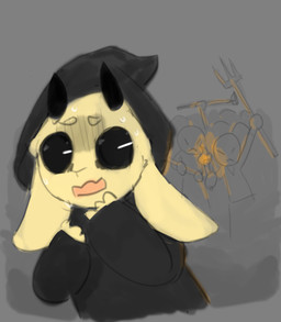 ambiguous_gender anthro black_clothing black_coat black_hood black_topwear clothing coat fur grey_background group holding_object holding_pitchfork holding_tool nervous pitchfork scared simple_background solo_focus tools topwear yellow_body yellow_fur bravobunny bovid caprine goat mammal