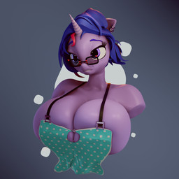 1_horn anthro anthrofied apron big_breasts blue_hair breasts cleavage clothed clothing ear_piercing eyewear female glasses hair highlights_(coloring) horn huge_breasts hyper hyper_breasts medium_hair piercing pink_highlights purple_body purple_eyes purple_hair purple_highlights purple_skin red_highlights short_hair solo unicorn_horn morethreedee friendship_is_magic hasbro my_little_pony mythology twilight_sparkle_(mlp) equid equine mammal mythological_creature mythological_equine unicorn 1:1 2020 3d_(artwork) absurd_res digital_media_(artwork) half-length_portrait hi_res portrait