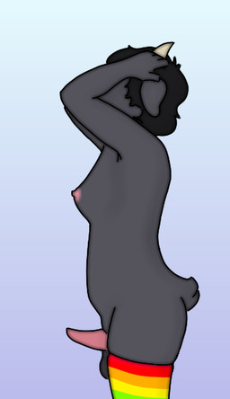 anthro balls black_hair clothing covering covering_face footwear footwear_only genitals gradient_background gynomorph hair hand_on_head intersex legwear lgbt_pride mostly_nude penis pride_color_clothing pride_colors rainbow_colors raised_arms simple_background socks socks_only solo thigh_highs boppidafterdark rose_(rosethegoat) bovid caprine goat mammal digital_media_(artwork) portrait three-quarter_portrait