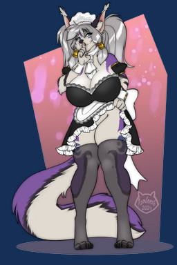 anthro clothing female fur legwear maid_apron maid_headdress maid_uniform multicolored_body multicolored_fur purple_body purple_fur solo stockings uniform white_body white_fur azaleesh ayre_(flemina) canid canine felid feline fox hybrid lynx mammal 2:3 absurd_res alpha_channel hi_res