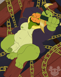 anthro balls belly chain clothed clothing erection floor genitals glans green_body jacket male moobs navel nipples nude overweight overweight_male penis solo tongue tongue_out topwear vein veiny_penis weapon wood wood_floor pondart_studios amphibian frog toad_(frog) hi_res