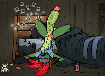 anthro arm_warmers armwear balls bed bedroom big_penis cigarette clothing clothing_aside condom_wrapper erection eyes_closed femboy furniture genitals green_body green_scales hair huge_penis humanoid_genitalia humanoid_penis lying lying_on_bed male markings mohawk multicolored_body on_back on_bed open_mouth open_smile panties panties_aside penis purple_markings red_hair scales sharp_teeth shirt sleeping smile solo t-shirt teeth thong topwear two_tone_body underwear underwear_aside vein veiny_penis ghastlygh ash_(g-h-) gecko lizard reptile scalie 2022 hi_res
