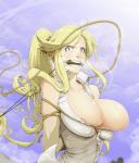 areola areola_slip big_breasts bit_gag blonde_hair blue_eyes blush bodily_fluids bound breast_squish breasts clothing cloud day female gag hair humanoid_pointy_ears long_hair monster_girl_(genre) nipple_slip nipples outside pointy_ears ponytail rope shirt sky solo squish submissive submissive_female sweat teeth topwear materclaws european_mythology greek_mythology monster_musume mythology centorea_shianus_(monster_musume) centaur equid equid_taur humanoid_taur mammal mammal_taur taur 2015