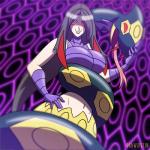 ambiguous_gender big_breasts black_body black_hair black_scales breasts cleavage clothed clothing duo fangs female feral frontier_brain glowing glowing_eyes hair human_focus long_hair long_tongue navel not_furry_focus purple_body purple_scales red_eyes red_teeth scales teeth tongue tongue_out wrapped drawsputin nintendo pokemon pike_queen_lucy generation_3_pokemon human mammal pokemon_(species) reptile scalie seviper 1:1 hi_res