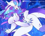 anthro breasts featureless_breasts female multicolored_body nude open_mouth orange_eyes purple_body solo sparkles white_body alanscampos mythology dragon mythological_creature mythological_scalie scalie 2024 5:4 hi_res