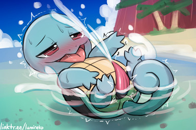 animal_genitalia animal_penis beach blush blush_lines bodily_fluids cum cumshot curled_tail day ejaculation erection eyebrows feral genital_fluids genitals grey_body half-closed_eyes hands-free looking_pleasured lying lying_on_ground male narrowed_eyes on_back on_ground open_mouth outside partially_submerged penis quadruped red_eyes shell solo spontaneous_ejaculation sweat tail tongue tongue_out tremble_spikes water lumineko nintendo pokemon generation_1_pokemon pokemon_(species) squirtle 2025 3:2