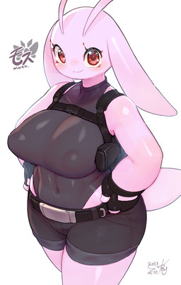 antennae_(anatomy) anthro bald belt big_breasts biped black_clothing blush blush_lines bottomwear breasts closed_smile clothed clothing eyelashes female floppy_ears front_view fully_clothed glistening gloves hand_on_hip handwear looking_at_viewer lop_ears monotone_body mouth_closed navel pink_body pink_tail red_eyes shorts simple_background smile solo standing tail text three-quarter_view topwear white_background keyhat_tk10 arthropod insect lepidopteran moth 2023 character_name dated digital_drawing_(artwork) digital_media_(artwork) hi_res signature