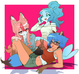 anthro black_bottomwear black_clothing black_jeans black_pants blep blue_body blue_hair border bottomwear bra_strap breasts cast_shadow claws clothed clothing denim denim_bottomwear denim_clothing denim_shorts dipstick_tail eyelashes facial_markings female fish_tail fur gesture gloves_(marking) group hair hand_gesture head_markings hotpants jacket jeans leaning_on_another leg_markings long_hair lying markings mask_(marking) medium_breasts midriff multicolored_body multicolored_fur navel on_back orange_body orange_fur pants pink_background pink_body pink_fur pink_hair ponytail pose reclining red_eyes shirt short_hair shorts simple_background sitting smile socks_(marking) split_form tail tail_markings tank_top tongue tongue_out topwear trio two_tone_body two_tone_fur v_sign white_body white_border white_fur mhcmm909 brand_new_animal studio_trigger michiru_kagemori nazuna_hiwatashi nina_flip aquatic bottlenose_dolphin canid canine cetacean dolphin fox mammal oceanic_dolphin raccoon_dog tanuki toothed_whale 2026 digital_media_(artwork) film_grain hi_res