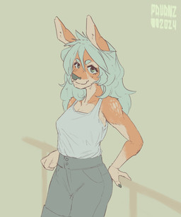 anthro blue_eyes blue_hair bottomwear brown_body brown_fur clothing eyebrows female fur hair leaning_on_object light_body light_fur long_ears long_hair multicolored_body multicolored_fur railing shirt shorts simple_background small_eyebrows snout solo tank_top thick_eyebrows topwear two_tone_body two_tone_fur pavanz pumpkin_(mamonyaz) deer mammal absurd_res hi_res portrait three-quarter_portrait watermark