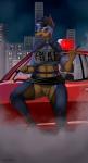 anthro big_breasts breasts car clothed clothing female fog legwear police pose solo stockings vehicle thespicypaprika canid canine canis dobermann domestic_dog mammal pinscher hi_res pinup