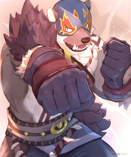 5_fingers amber_eyes anthro arm_markings armor biped blue_bottomwear blue_clothing blue_mask bluesky_logo bottomwear brown_body brown_bottomwear brown_clothing brown_markings chest_markings claws clothed clothed_anthro clothed_male clothing countershade_neck countershade_torso countershading facebook_logo fighting_pose finger_claws fingers foreshortening front_view gloves handwear instagram_logo looking_at_viewer male markings mask multicolored_mask open_mouth overbite pose pupils purple_clothing purple_gloves purple_handwear red_mask red_tongue shoulder_markings simple_background snout solo sports_mask sportswear tan_background tan_body tan_countershading text tongue tongue_showing twitter_logo vambrace wearing_mask white_sclera wrestling_mask yellow_bottomwear yellow_clothing yellow_mask kuromonsart afk_arena afk_journey bluesky_(social_media) facebook instagram lilith_games twitter bear mammal 2024 absurd_res artist_name character_request colored dated digital_drawing_(artwork) digital_media_(artwork) english_text hi_res portrait three-quarter_portrait