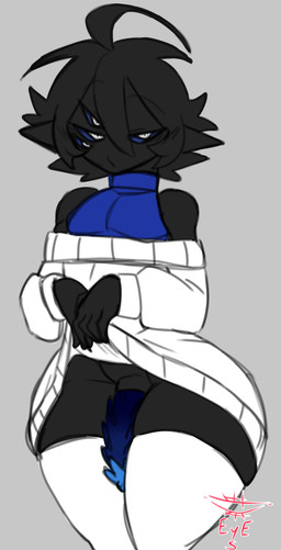 bedroom_eyes big_penis black_body blush claws clothed clothing crossdressing femboy genitals legwear looking_at_viewer male multi_eye narrowed_eyes oversized_clothing penile_spines penis presenting raised_clothing raised_sweater raised_topwear seductive shy size_difference smaller_male solo sweater thick_thighs thigh_highs topwear theeldritcheyes eyes_(theeldritcheyes) demigod humanoid shadow_creature absurd_res hi_res