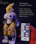 anthro bdsm big_breasts blue_eyes blush bondage bound breasts chain contraption dialogue duo electronics female fingers fur nipple_tape pasties phone solo_focus tape text unchastity bacn bandai_namco digimon canid canine digimon_(species) impmon mammal renamon 2019 3d_(artwork) 5:6 digital_media_(artwork) english_text hi_res