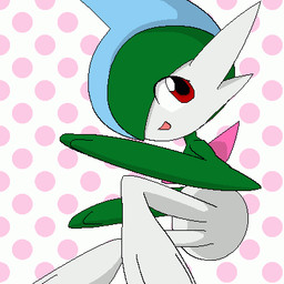 green_body looking_aside looking_at_viewer male not_furry open_mouth open_smile pattern_background red_eyes simple_background smile solo thick_calves thin_thighs white_body pasaran nintendo pokemon gallade generation_4_pokemon humanoid pokemon_(species) 1:1 digital_media_(artwork) low_res oekaki source_request