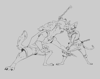 3_toes action_pose angry anthro arnis barefoot bottomwear claws clothing denim denim_bottomwear denim_clothing duo feet female finger_claws fluffy fluffy_tail fur hair head_tuft holding_object holding_weapon imminent_attack jeans jersey long_hair long_sleeves long_tail looking_up male markings pants pawpads paws plantigrade pose shirt shorts simple_background spots spotted_body spotted_fur tail tank_top toe_claws toes topwear tuft weapon ruffu pepper_in_the_sandbox pepper_(ruffu) unnamed_character felid feline hyena mammal serval digital_drawing_(artwork) digital_media_(artwork) monochrome sketch