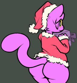 anthro big_butt butt christmas_clothing christmas_headwear clothed clothing coat female fur gift hat headgear headwear holding_object holidays looking_at_viewer looking_back looking_back_at_viewer presenting presenting_hindquarters purple_body purple_fur rear_view santa_hat simple_background smile solo standing thick_thighs topwear wide_hipped_female wide_hips yellow_sclera frumples christmas frumples_(character) felid mammal 2018 digital_drawing_(artwork) digital_media_(artwork)