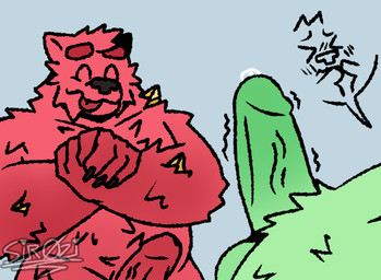 anthro balls blush bodily_fluids crystal duo flustered fur genital_fluids genitals green_body green_fur hand_holding licking licking_lips male male/male penis pink_body pink_fur precum throbbing throbbing_penis tongue tongue_out sirozinn buza_(sirozinn) koro_(sirozinn) bear kryro mammal