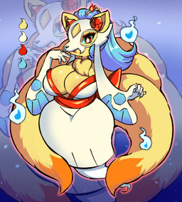 accessory anthro areola areola_slip asian_clothing big_breasts blue_background blue_body_markings blue_fire blue_hair breasts chest_tuft clothing color_swatch colored_fire diamond_(marking) east_asian_clothing eyeshadow female fire flame_pattern fluffy fluffy_tail fur ghost_tail hair hair_accessory hairclip horn japanese_clothing kimono kitsu_yuki_(nickzilla) lips looking_at_viewer makeup markings mask orange_body orange_fur orange_lips orange_ribbon orbs ribbons simple_background snowflake snowflake_pattern solo tail tuft white_body wide_hips yellow_body yellow_fur nupi nintendo pokemon canid canine froslass generation_1_pokemon generation_4_pokemon ghost hybrid mammal ninetales pokemon_(species) spirit hi_res