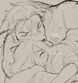 anthro bodily_fluids clothed clothing drooling duo eyes_closed female male male/female male_anthro saliva shirt simple_background tan_background topwear chewtoyys biscuit_(chewtoyys) lucky_(chewtoyys) canid canine canis domestic_cat domestic_dog felid feline felis mammal 2025 black_and_white cropped monochrome sketch unfinished nonbinary_(lore)