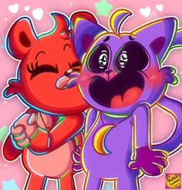 anthro blush duo female heart_symbol kissing kissing_cheek male purple_body red_body ship smile vehicle watercraft rocketlennon mob_entertainment poppy_playtime smiling_critters bobby_bearhug catnap_(poppy_playtime) bear domestic_cat felid feline felis mammal hi_res