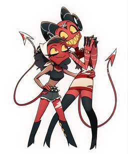 2_horns boots canon_couple clothed clothing duo female female/female footwear high_heeled_boots high_heels horn legwear not_furry red_body red_skin shoes simple_background spade_tail tail teeth thigh_boots thigh_highs white_background yellow_sclera yellow_teeth oliviared hellaverse helluva_boss barbie_wire kendra_(helluva_boss) demon demon_humanoid humanoid imp 2026 digital_media_(artwork) hi_res