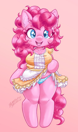 anthro belly big_breasts blue_eyes bottomwear breasts clothed clothing clothing_lift cutie_mark dress dress_lift erect_nipples female frilly frilly_clothing frilly_dress front_view fur gusset hair hooves nipple_outline nipples overweight panties pattern_bottomwear pattern_clothing pattern_panties pattern_underwear pink_body pink_fur pink_hair raised_bottomwear raised_clothing raised_skirt skirt skirt_lift slightly_chubby smile solo tail underwear blasticussaturn friendship_is_magic hasbro my_little_pony pinkie_pie_(mlp) earth_pony equid equine horse mammal pony absurd_res digital_media_(artwork) hi_res signature