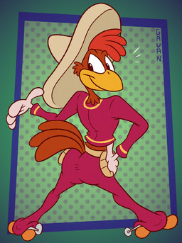 abstract_background anthro arched_back bottomwear butt clothing feathers gesture hand_on_hip hat headgear headwear holster looking_back male pants red_body red_feathers solo sombrero spurs suit tight_bottomwear tight_clothing tight_pants toony waving wide_stance gavanzude disney the_three_caballeros panchito_pistoles avian bird chicken galliform phasianid alternate_version_at_paywall digital_drawing_(artwork) digital_media_(artwork) hi_res signature