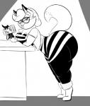 2016 anthro bent_over beverage big_butt black_and_white bracelet breasts butt canid canine clothed clothing coffee curvy_figure english_text eyewear fangs female fox foxy_(planet_coaster) glasses hair hat headgear headwear hoodah huge_butt jewelry looking_at_viewer mammal monochrome planet_coaster side_view smile solo standing teeth text thick_thighs tongue tongue_out topwear vest voluptuous