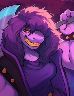 anthro axe big_breasts breasts clothed clothing dark_world female freckles hair high-angle_view looking_at_viewer non-mammal_breasts purple_body purple_hair smile solo teeth yellow_teeth blujaymacaw deltarune undertale_(series) susie_(deltarune) mammal reptile scalie digital_media_(artwork) hi_res