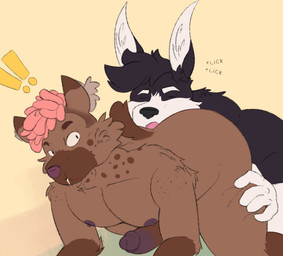 anal anthro areola black_hair bodily_fluids brown_body brown_fur doggystyle drooling duo erection exclamation_point eyes_closed facial_tuft freckled_shoulders freckles from_behind_position fur genitals glans gradient_penis hair holding_leg holding_thigh humanoid_genitalia looking_at_another looking_at_partner looking_back male male/male markings multicolored_body multicolored_fur multicolored_penis muscular muscular_male nipples nude onomatopoeia oral penis pink_hair purple_nipples raised_tail rimming rimming_male saliva sex short_hair simple_background sound_effects spots spotted_body spotted_face spotted_markings surprised tail text tuft yellow_background conditional_dnp slleigo darkpedro slleigo_(character) hyena kangaroo macropod mammal marsupial spotted_hyena hi_res