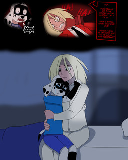 anthro blonde_hair dream duo female feral hair hug long_hair male nightmare speech_bubble white_collared_shirt raidenthedeoxys 101_dalmatian_street 101_dalmatians disney dizzy_(101_dalmatians) hunter_de_vil canid canine canis dalmatian domestic_dog human mammal absurd_res hi_res