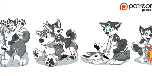 anthro black_pawpads blue_eyes blue_markings closed_smile featureless_crotch fingerpads fur grey_body grey_fur grey_tail happy inflatable logo male markings mouth_closed nude open_mouth open_smile patreon_logo pawpads pump sad side_view simple_background sitting smile solo tail text white_background white_body white_fur white_markings white_tail yellow_markings young young_anthro young_male pandapaco patreon canid canine mammal artist_logo signature url