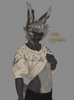 anthro bangs belly blush bodily_fluids bottomwear clothed clothing clothing_lift collarbone denim denim_bottomwear denim_clothing dialogue ear_piercing ear_ring ear_tuft eyebrows fur grey_background grey_body grey_fur grey_hair hair half-closed_eyes holding_clothing holding_object holding_shirt holding_topwear jeans jewelry male midriff multicolored_body multicolored_fur narrowed_eyes navel necklace pants piercing red_eyes ring_piercing shirt shirt_lift simple_background smile smirk smug smug_face smug_grin solo speech_bubble sweat sweatdrop sweater teeth text topwear tuft two_tone_body two_tone_fur yellow_sclera jimnsei akira_(unlucky_aki) lagomorph leporid mammal rabbit english_text hi_res