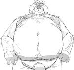 anthro belly big_belly genitals humanoid_hands kemono male moobs navel nipples overweight overweight_male penis simple_background solo yamakake bear mammal 2022 monochrome