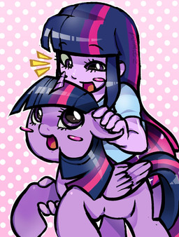 blush dotted_background duo female feral horn looking_at_another pattern_background riding simple_background smile wings pizzafrenzie420 friendship_is_magic hasbro my_little_pony mythology twilight_sparkle_(mlp) equid equine human mammal mythological_creature mythological_equine winged_unicorn hi_res