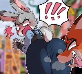 4_fingers anthro blush breath butt butt_focus clothed clothed_anthro clothed_female clothed_male clothing dipstick_ears duo ear_markings female fingers fur green_eyes grey_body grey_fur inner_ear_fluff looking_at_another looking_at_butt looking_back looking_back_at_another male male/female multicolored_body multicolored_ears multicolored_fur open_mouth orange_body orange_fur panting purple_eyes rear_view scut_tail sharp_teeth short_tail smile steamy_breath tail teeth tongue tongue_out tuft white_body white_fur domuyang disney zootopia judy_hopps nick_wilde canid canine european_rabbit fox lagomorph leporid mammal oryctolagus rabbit red_fox true_fox 2025 absurd_res hi_res
