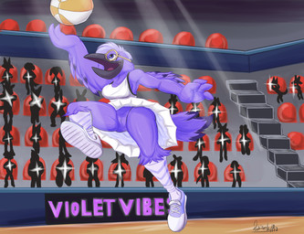 anthro ball basketball_(ball) bottomless bottomwear breasts clothed clothing exhibitionism eyewear feathers female footwear genitals glasses group jumping non-mammal_breasts partially_clothed public shoes skirt solo sportswear stadium uniform upskirt vulva wings daison_the_fox violet_raven_(valkyries) avian bird corvid corvus_(genus) oscine passerine raven hi_res