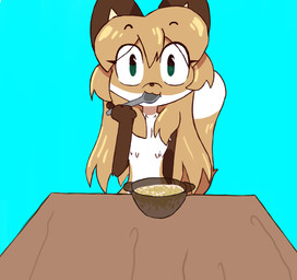 anthro big_eyes big_head blonde_hair blue_background bowl brown_ears brown_nose cereal cereal_bowl container cutlery dipstick_tail eating eye_through_hair eyebrow_through_hair eyebrows eyelashes female food fur furniture gloves_(marking) green_eyes hair holding_spoon kitchen_utensils long_hair looking_at_viewer markings milk multicolored_body multicolored_fur pupils raised_eyebrows simple_background slit_pupils small_nose solo spoon spoon_in_mouth table tail tail_markings tools translucent translucent_hair transparent_object two_tone_body two_tone_fur white_sclera wood wood_furniture wood_table yellow_body yellow_fur conditional_dnp emdrzi averi_(fiddleafox) canid canine fox mammal red_fox true_fox 2025 colored colored_sketch digital_drawing_(artwork) digital_media_(artwork) hi_res sketch