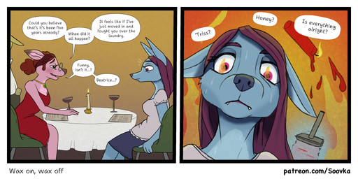 alcohol beverage candle candle_wax dialogue duo eyewear female glasses ptsd restaurant romantic romantic_couple shaving text trauma traumatized wax_play wine soovka beatrice_(soovka) michelle_(soovka) anubian_jackal canid canine canis deer jackal mammal 2:1 absurd_res comic english_text hi_res polish_text url